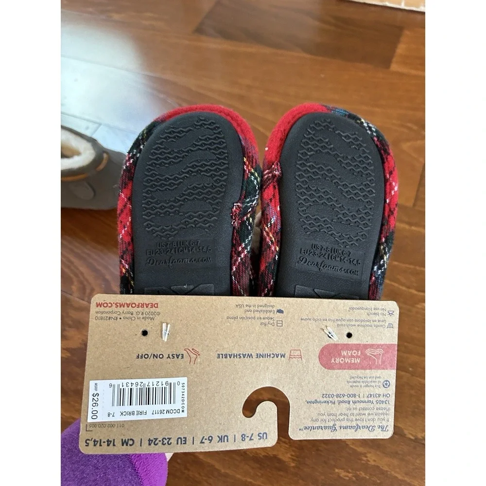 Dearfoams Kids Toddler Little Kids Big‎ Bro Bear Plaid Red Slippers NEW 7-8 US